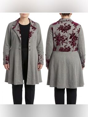 Soft Surroundings Grandeur Jacket Gray Burgundy Floral Embroidered Fit Flare 2X